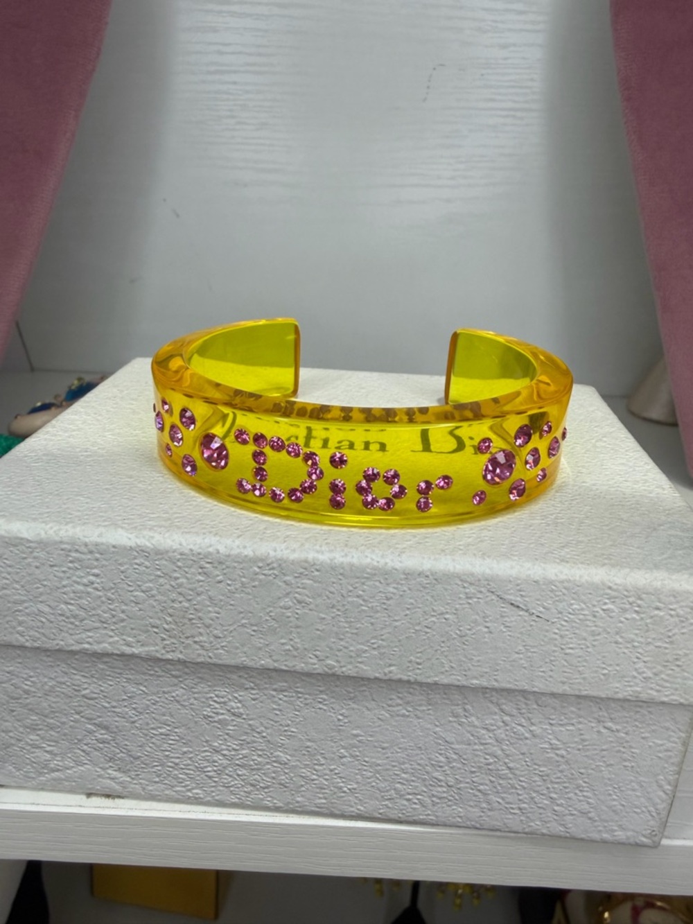 Dior Yellow Lucite Cuff with Pink Crystal Embellishments - Picture 3 of 7